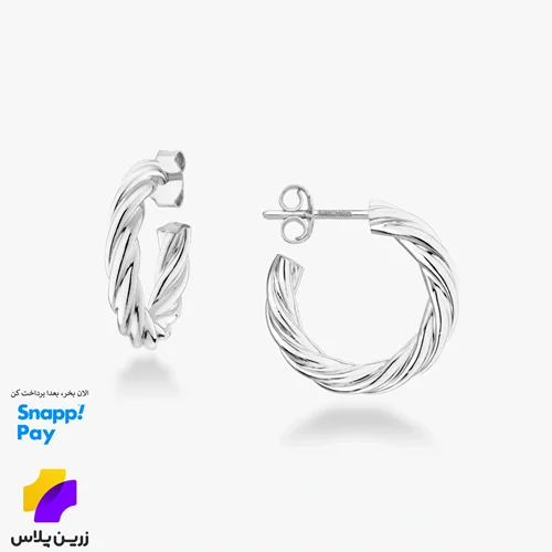 گوشواره زنانه نقره 925 استرلینگ برند میابلا، طرح حلقه‌ای سبک وزن پیچ خورده، با روکش رودیوم طلا سفید، قطر 15 میلی‌متر، ساخت ایتالیا